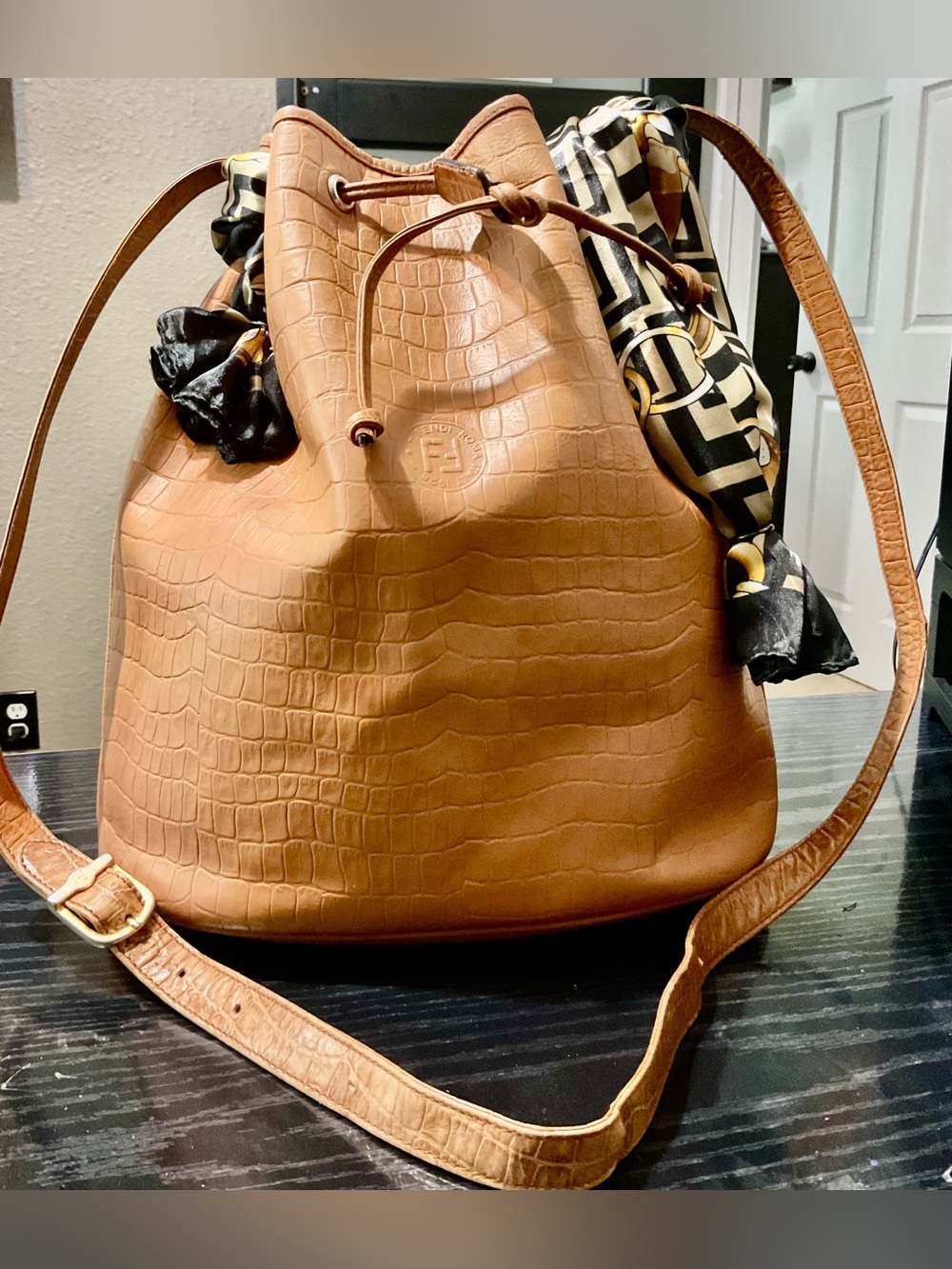 Fendi Tan Croc-Embossed Shoulder Bag
